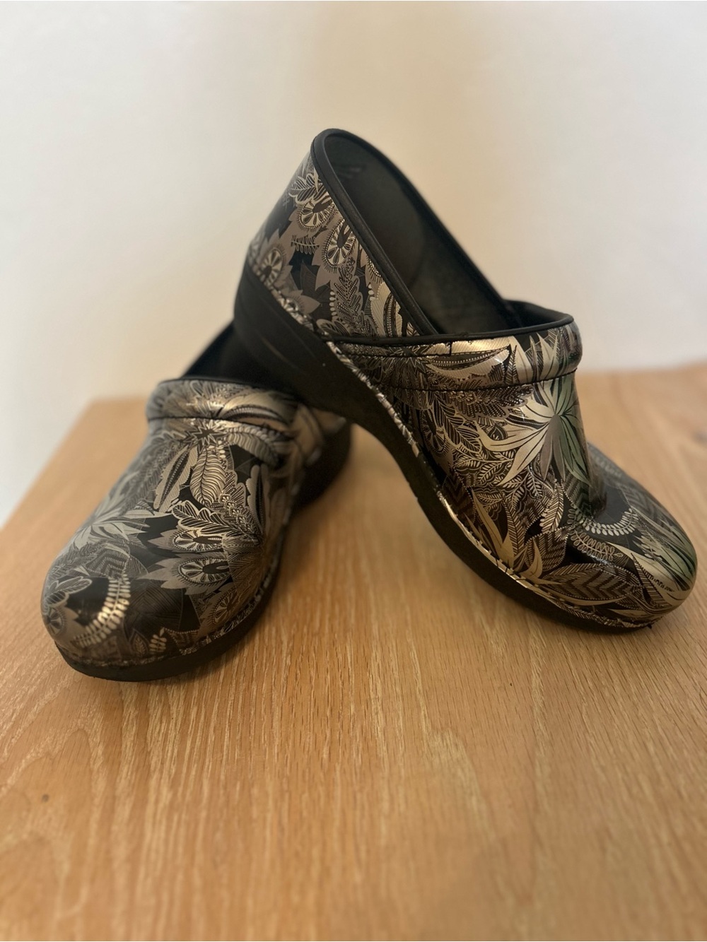 Dansko Black Metallic Floral Clogs for Women